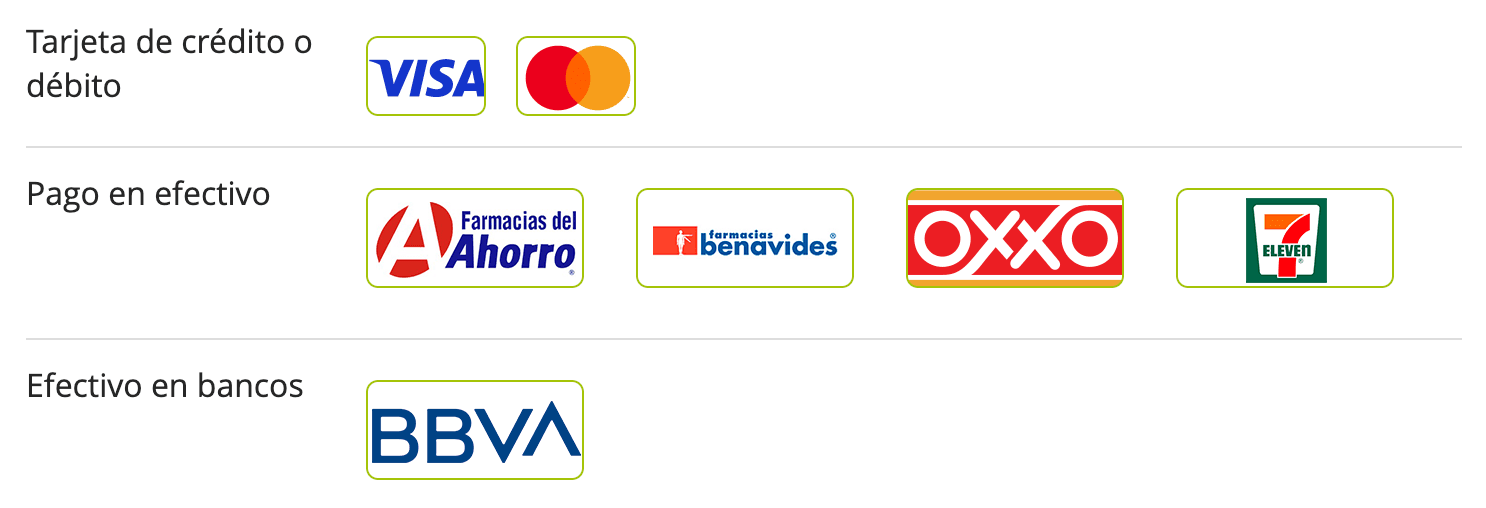 Tarjeta de crédito o débito Visa y Mastercard; pago en efectivo en Farmacias del Ahorro, Farmacias Benavides, Oxxo y 7-Eleven; efectivo en bancos BBVA.